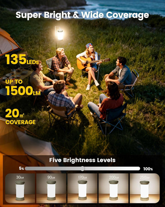Glocusent 135 LED Ultra Bright Camping Lantern, Up to 200H, 5000mAh Camping Light with 3 Colors & 5 Brightness, SOS, Max 1500LM, Rechargeable Lantern for Power Outages Camping Hiking Emergency