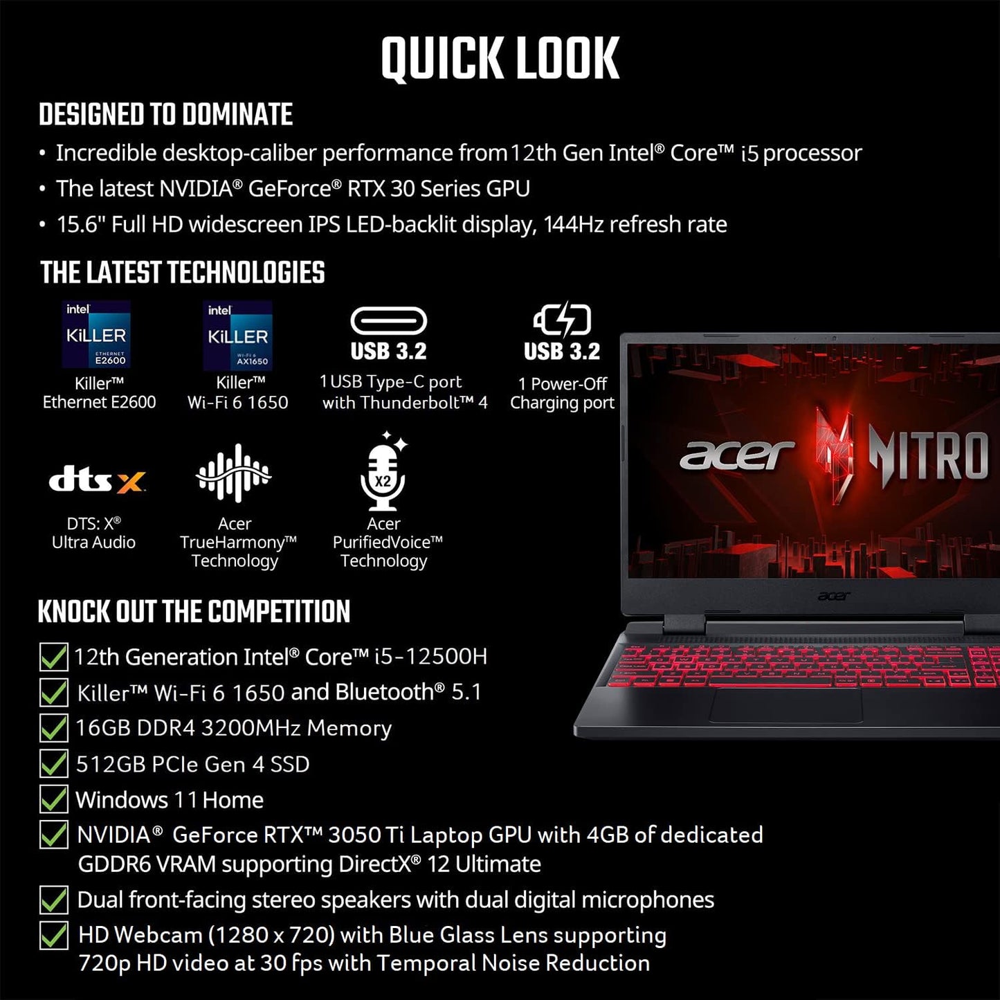 Acer Nitro 5 AN515-58-57Y8 Gaming Laptop | Intel Core i5-12500H | NVIDIA GeForce RTX 3050 Ti Laptop GPU | 15.6" FHD 144Hz IPS Display | 16GB DDR4 | 512GB Gen 4 SSD | Killer Wi-Fi 6 | Backlit Keyboard