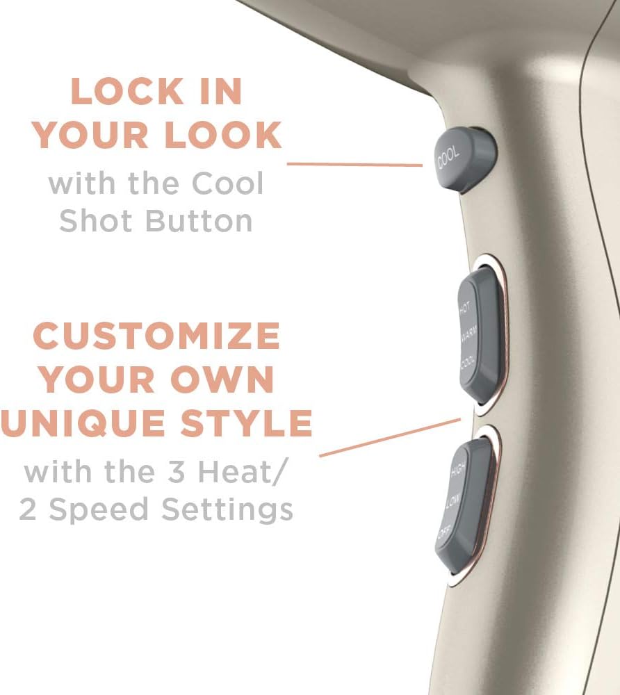 InfinitiPRO by Conair 750C Frizz Free Pro Dryer, 3 Heat/2 Speed Settings, Includes Diffuser and 2 Contentrators, Rose Gold, Hair Dryer
