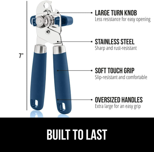 Heavy Duty Manual Can Opener with Bottle Opener – Smooth Edge Stainless Steel Cutter, Easy-Turn Knob, Comfortable Soft Grip Handles, Blue