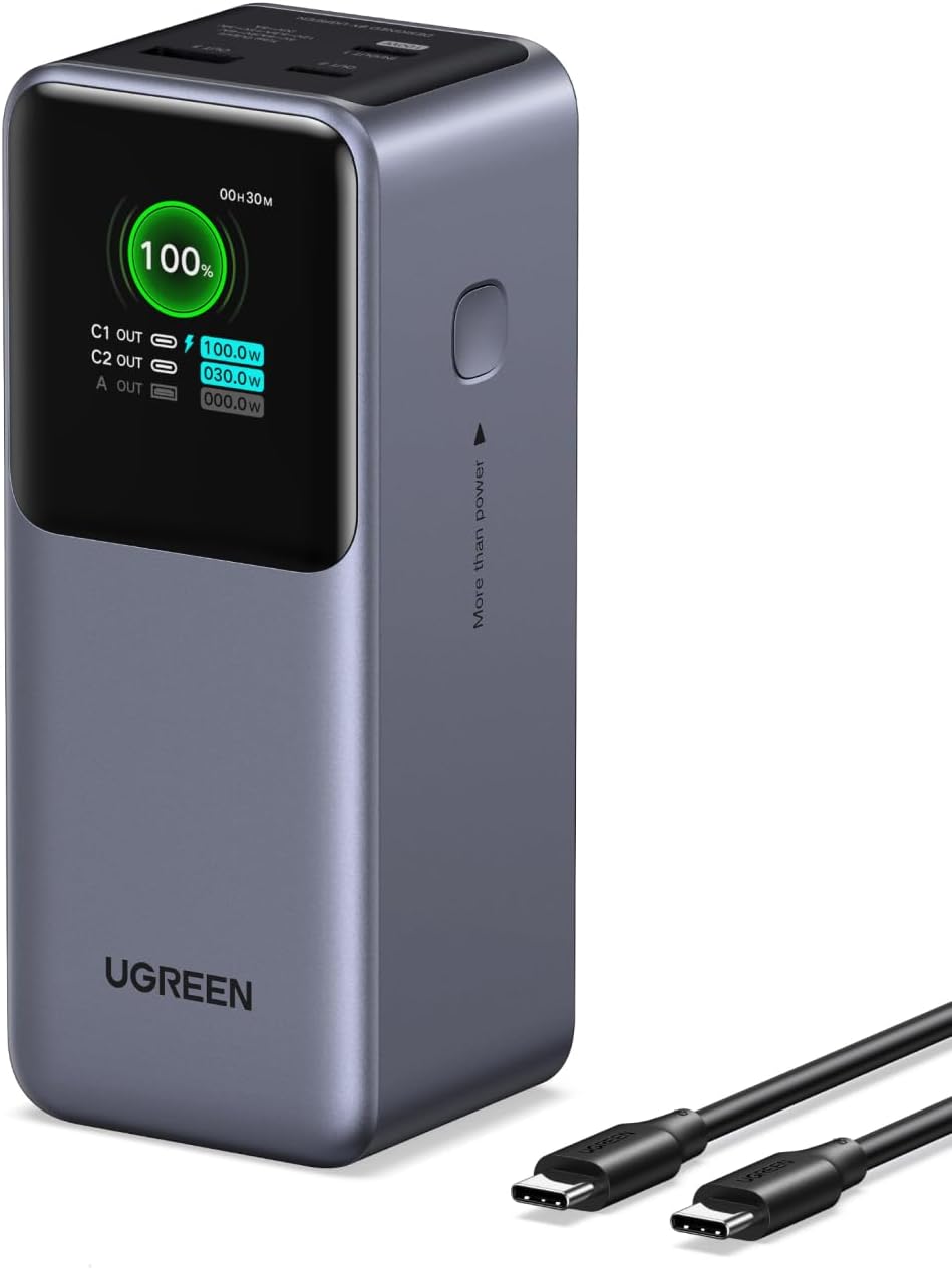 UGREEN 20000mAh Power Bank 130W 3-Port Fast Charger Portable with TFT Smart Display, Compatible with iPhone 16 Series, Galaxy S25 Ultra, MacBook, Dell Laptops, AirPods, iPhone 15-12 & More
