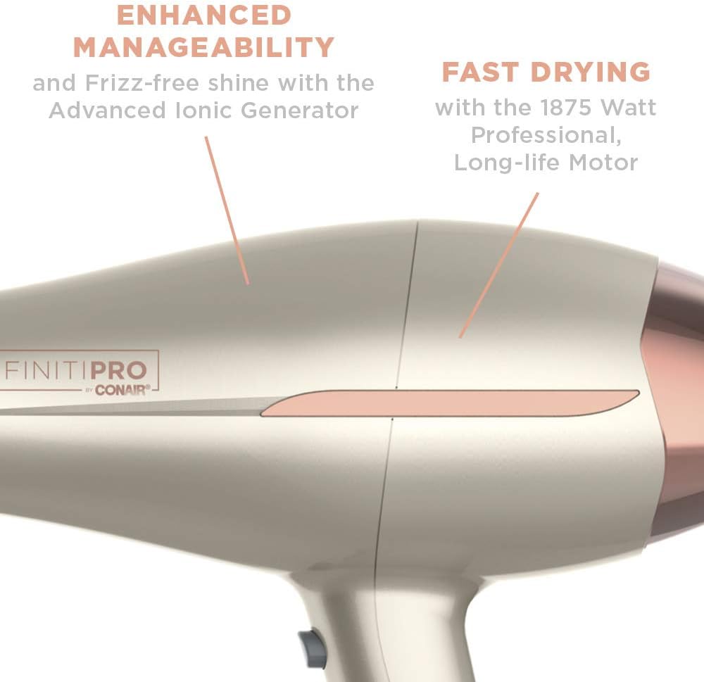 InfinitiPRO by Conair 750C Frizz Free Pro Dryer, 3 Heat/2 Speed Settings, Includes Diffuser and 2 Contentrators, Rose Gold, Hair Dryer