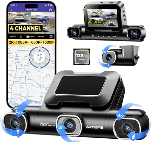 AZDOME M660 360° 4 Channel Dash Cam, Built-in 128GB eMMC, 2K+1080P*3 Dashcam Front and Rear Inside Left Right, Voice Control, 5G WiFi Dash Camera for Cars with 4 Adjustable Lenses, IR Night Vision