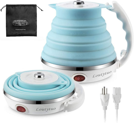 120V 555ML Ultrathin Travel Foldable Electric Kettle with Separable Power Cord and Handle, Boil Dry Protection, Food Grade Silicone