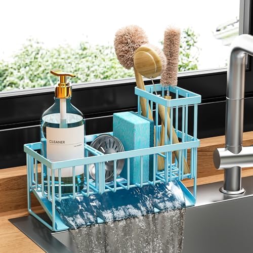 Cisily Kitchen Sink Caddy Organzier with High Brush Holder, Sponge Holder for Sink, 304 Rustproof Stainless, Kitchen Countertop Soap Dispenser Organizer, Kitchen Decor and Accessories (Black)