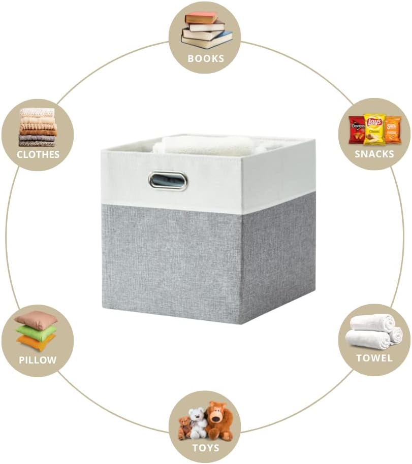 DECOMOMO Fabric Cube Storage Bin - Storage Baskets for Shelves, Kallax (Grey & White, 13 inch Cube) - 4 Pack