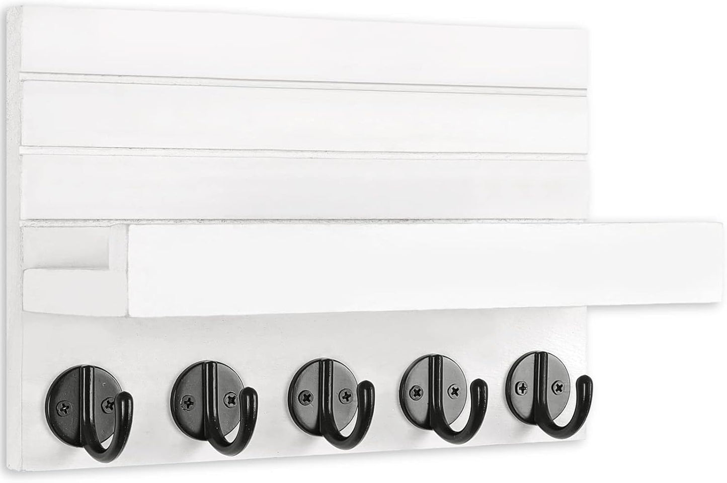 Lwenki Key Holder for Wall, Decorative Key and Mail Holder with Shelf Has Large Key Hooks for Bags, Coats, Umbrella – Paulownia Wood Key Hanger with Mounting Hardware (Black)