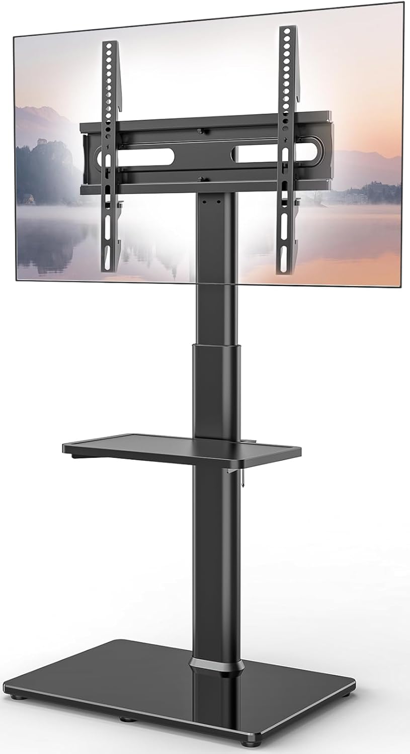 Universal Floor TV Stand with Mount 80 Degree Swivel Height Adjustable and Space Saving Design for Most 27 to 65 inch LCD, LED OLED TVs, Perfect for Corner & Bedroom AX1006TB