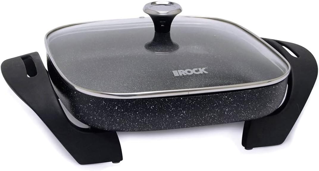 Starfrit The Rock Electric Skillet - 12" x 12" - Rock.Tec Non-Stick Cooking Surface - Tempered Glass Lid - 1200W