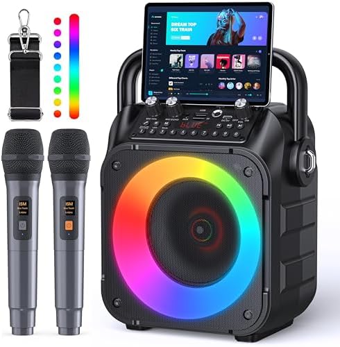 Karaoke Machine, Portable Bluetooth PA Speaker with 2 Wireless Microphones for Adults & Kids with Lights, Karaoke Microphone with PA System Supports USB/TF/REC/FM/AUX for Home Party(Black)