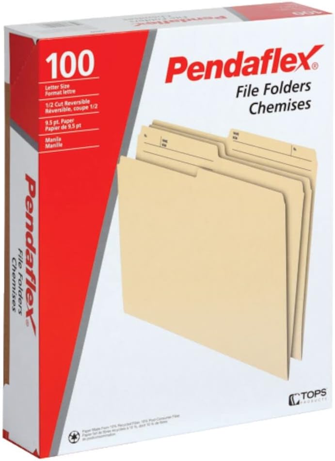 Pendaflex File Folders, 1/2 Cut Tab, Letter Size, Manila, Durable & Tear-Resistant File Organizers, 100/Box for Office, Home & School Filing Systems, Reversible & Eco-Friendly Design