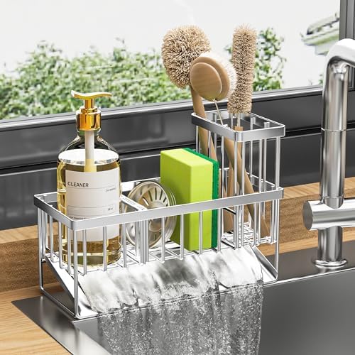 Cisily Kitchen Sink Caddy Organzier with High Brush Holder, Sponge Holder for Sink, 304 Rustproof Stainless, Kitchen Countertop Soap Dispenser Organizer, Kitchen Decor and Accessories (Black)