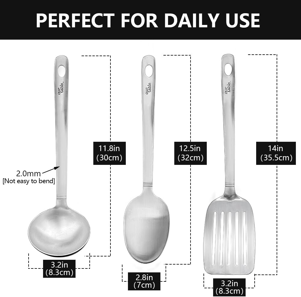 Our Table 3 Pieces Cook & Serve Stainless-Steel Utensils Set,Kitchen Soup Ladle,Cooking Spoon,Slotted Turner Spatula for Serving Your Favorite Meals