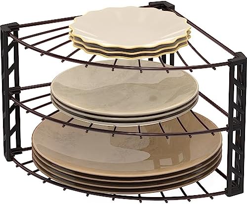 SimpleHouseware 3-Tier Corner Shelf Plate Rack for Counter and Cabinet Organizer, Bronze