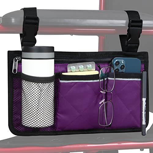 Wheelchair Side Bag, Wheelchair Armrest Storage Pouch with Cup Holder and Reflective Strip for Wheelchairs, Walkers or Rollators (Black)
