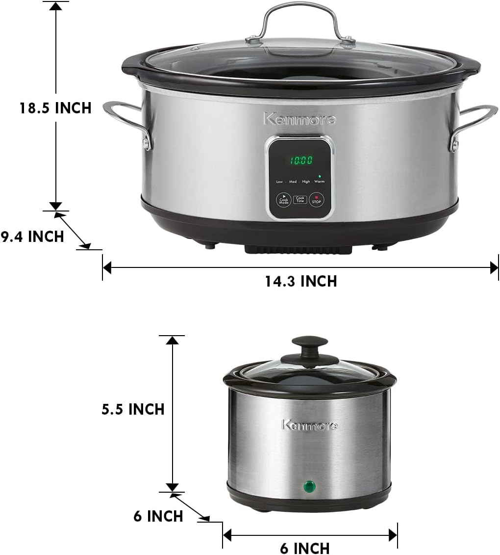 Kenmore 7 Quart Slow Cooker - Programmable Crock Pot with Dipper, Stainless Steel Electric Cookers, Warm Rice & Sous Vide Stew Soup for Lunch, Dishwasher Safe Non-Stick Ceramic Insert, Digital Control