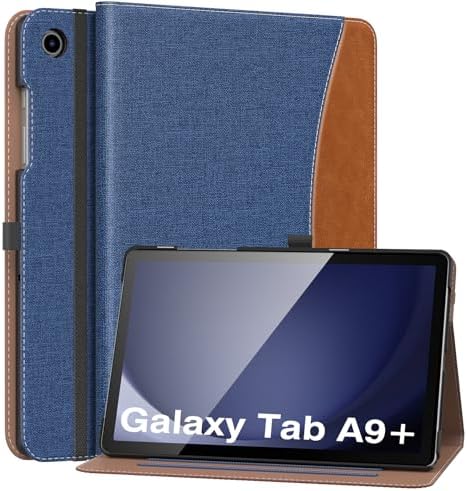 MoKo Case for Samsung Galaxy Tab A9 Plus 11" 2023 (SM-X210/SM-X216/SM-X218), PU Leather Multi-Angle Viewing Folding Stand Cover Case with Hand Strap, Front Pocket, Auto Wake/Sleep, Denim Blue & Brown