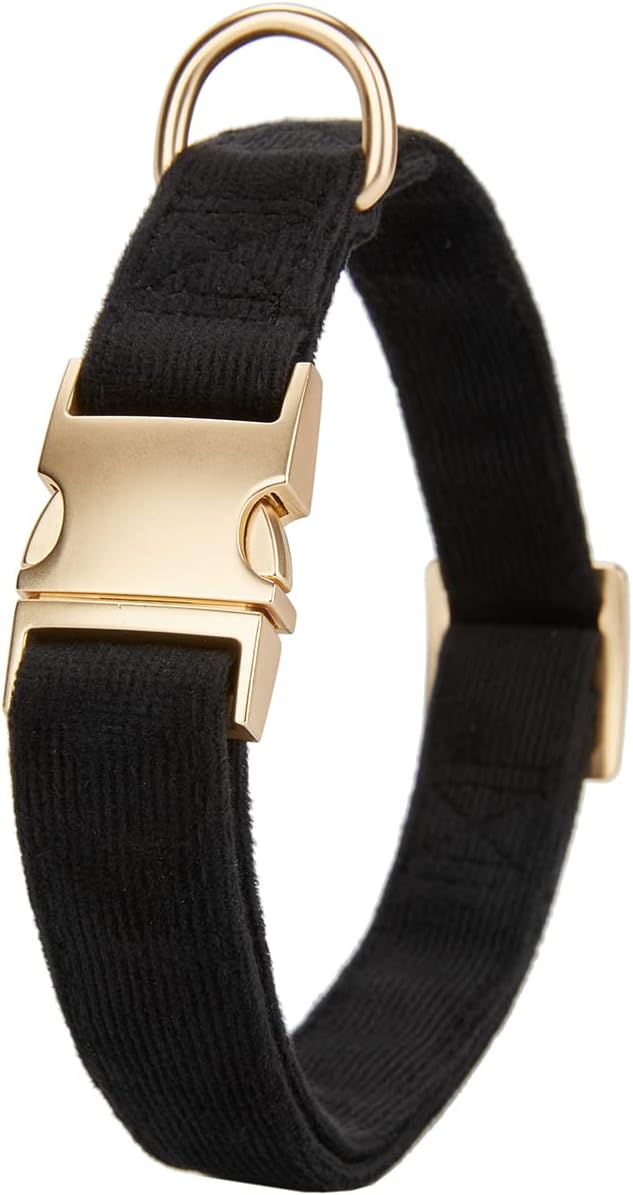 YUDOTE Soft Cotton Dog Collar with Metal Buckle Adjustable Heavy Duty Comfy Corduroy Collars for Small Medium Large Dogs,Black,Small