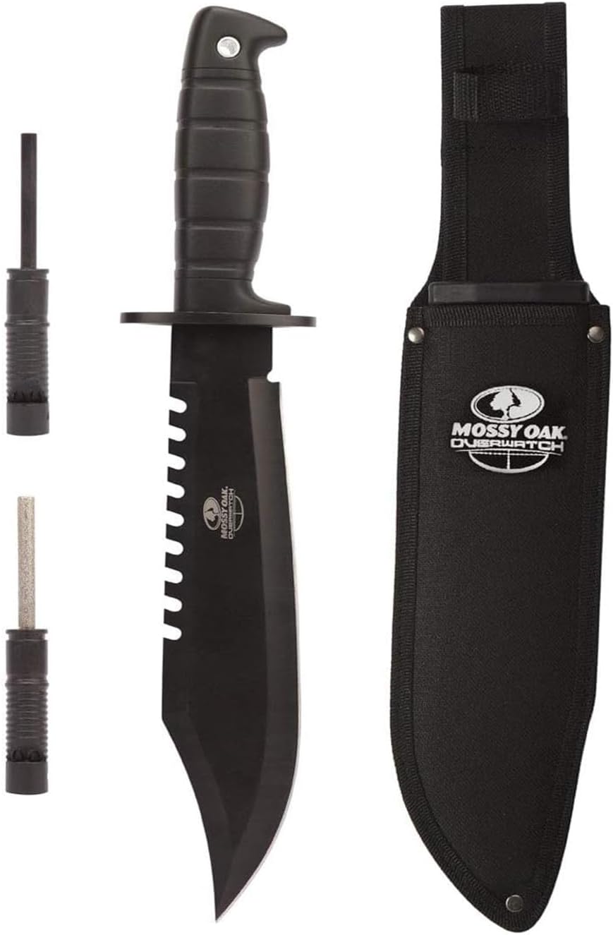 Mossy Oak Survival Hunting Knife with Sheath, 15-inch Fixed Blade Tactical Bowie Knife with Sharpener & Fire Starter for Camping, Outdoor, Bushcraft