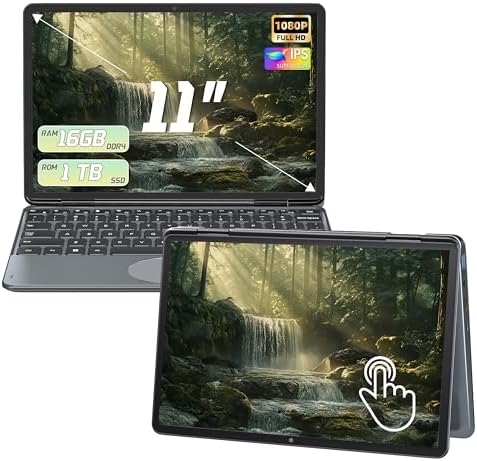 2025 New 2 in 1 Touchscreen Laptop, 11" FHD 1920x1200 IPS Display, Intel 12th Gen N100, 16GB DDR4 RAM, M.2 SSD, 360° Flip, Ultra-Portable Notebook for Students & Professionals (16GB RAM | 256GB SSD)