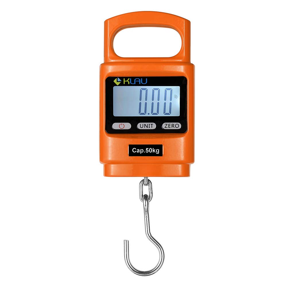 Klau Portable Fish Weighing Scales 100 lb / 1600 oz Heavy Duty Digital Hanging Scale LCD Display with Backlight Orange for Home Farm Hunting Outdoor