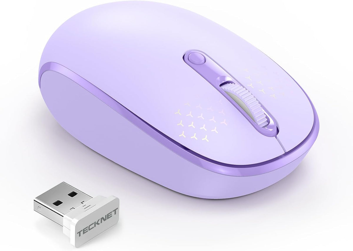 TECKNET 2.4GHz Wireless Quiet Mouse – Portable Ergonomic Optical USB Mouse 4-Button with Adjustable 800/1200/1600 DPI for Laptop, Chromebook, PC, Mac – Purple - PuriLite