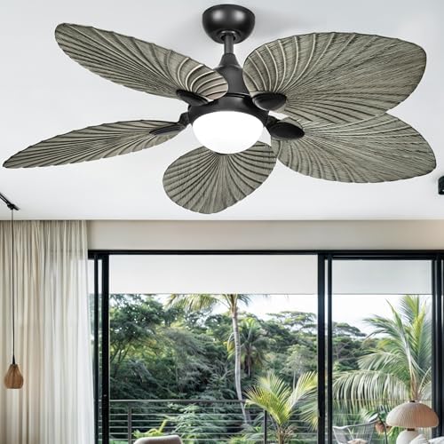 DWVO 52" Ceiling Fans with Lights, Tropical Ceiling Fan with Lights and remote, LED Tri-Color Temperature, Reversible 6 Speeds w/Quiet DC Motor for Living Room, Dining Room, Bedroom