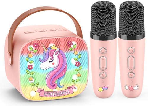 Mini Karaoke Machine for Kids, Exssary 3 4 5 6 7 8-12 Year Old Girl Gifts Portable Bluetooth Speaker with 2 Wireless Microphone Unicorn Toys Birthday Gifts for Girls Kids Teens (Pink)