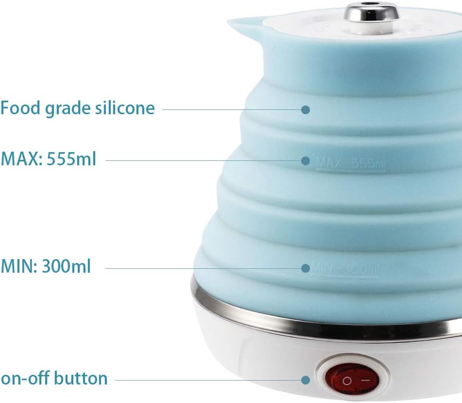 120V 555ML Ultrathin Travel Foldable Electric Kettle with Separable Power Cord and Handle, Boil Dry Protection, Food Grade Silicone