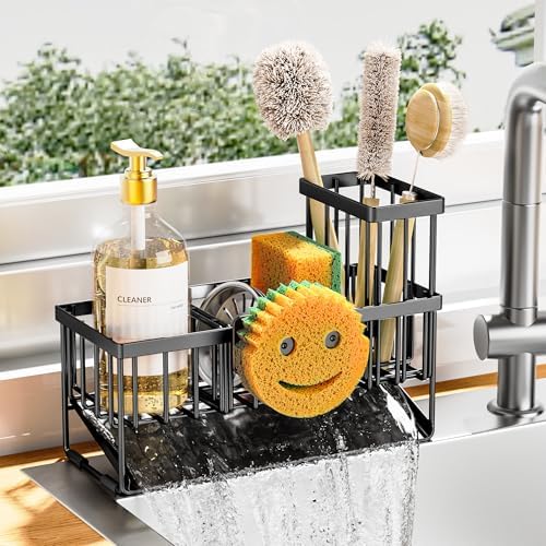 Cisily Kitchen Sink Caddy Organzier with High Brush Holder, Sponge Holder for Sink, 304 Rustproof Stainless, Kitchen Countertop Soap Dispenser Organizer, Kitchen Decor and Accessories (Black)
