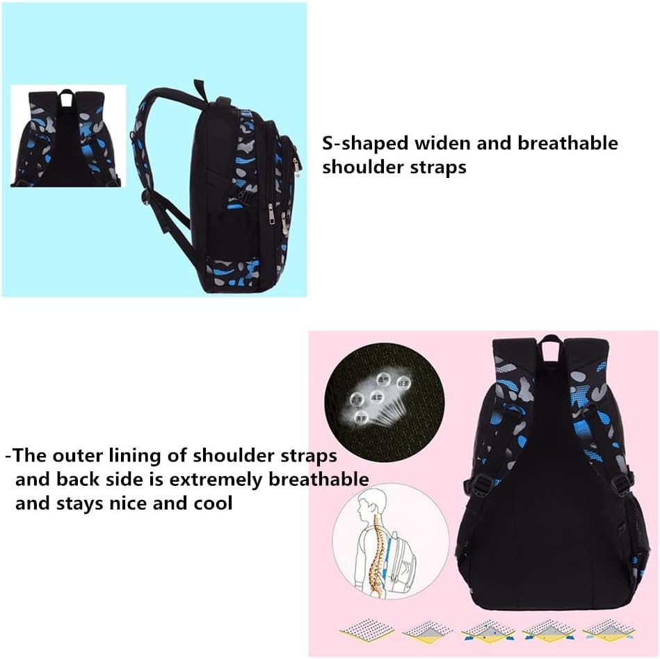 Blue-Camouflage Backpacks for Boys School Elementary, Camouflage Boys School Bags Capacity Bookbags
