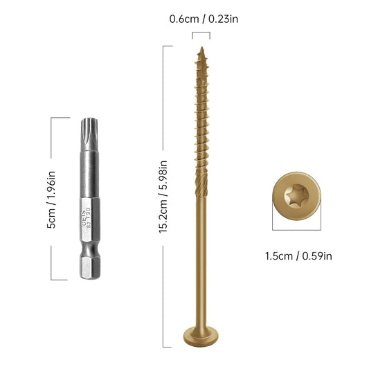 6 Inch Deck Screws 50Pcs, Structural Wood Screws, Rust Resistant Timber Screws for Timber/Log/Landscaping Wood, with T30 Star Bit (#14 x 6 Yellow) - PuriLite