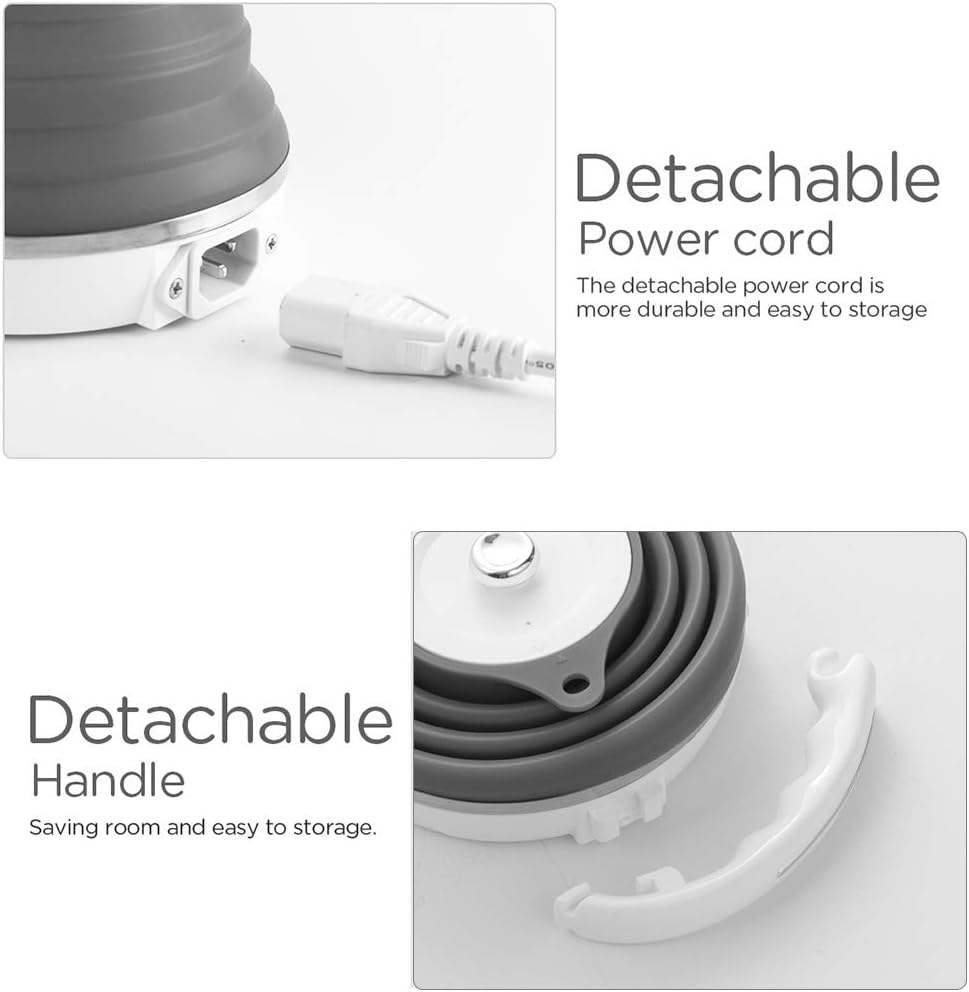 120V 555ML Ultrathin Travel Foldable Electric Kettle with Separable Power Cord and Handle, Boil Dry Protection, Food Grade Silicone