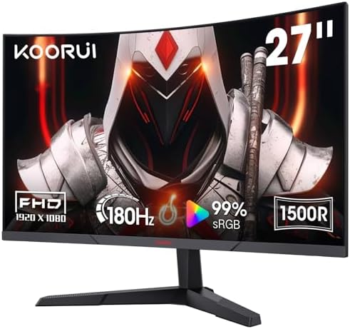 KOORUI Curved 27 Inch Gaming Monitor, Full HD 1080p R1500 180Hz VA Curved Monitors, 99% sRGB, Built-in AdaptiveSync, 1 x Display Port 1.2 & 2 x HDMI 2.0, Eye Care, VESA Compatible, Black 27E6CA - PuriLite