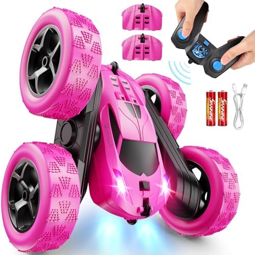 QUNREDA Remote Control Car for Kids Ages 6+, RC Cars Stunt Car Toy 4WD Double Sided 360° Rotating Remote Control with Headlights, Birthday Xmas Gifts for Boys 6 7 8 9 10 11 12 1-Blue