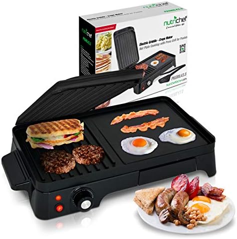 NutriChef Electric Griddle - Dual Hot Plate Cooktop Crepe Maker with Press Grill, Nonstick Coating, Rotary Temperature Control, Plug-in Operation & Oil Tray for Kitchen & Countertop (PKGRIL43)