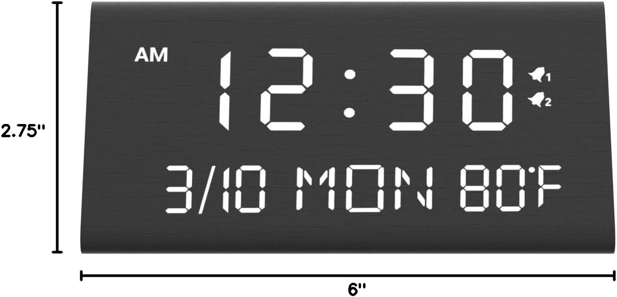 Kogonee Wooden Digital Alarm Clock, 0-100% Dimmer, 2 Alarm Settings, Weekday/Everyday Mode, 9 Mins Snooze, 12/24H, Temperature and Date Display for Office, Travel, Bedroom Alarm Clock (White)