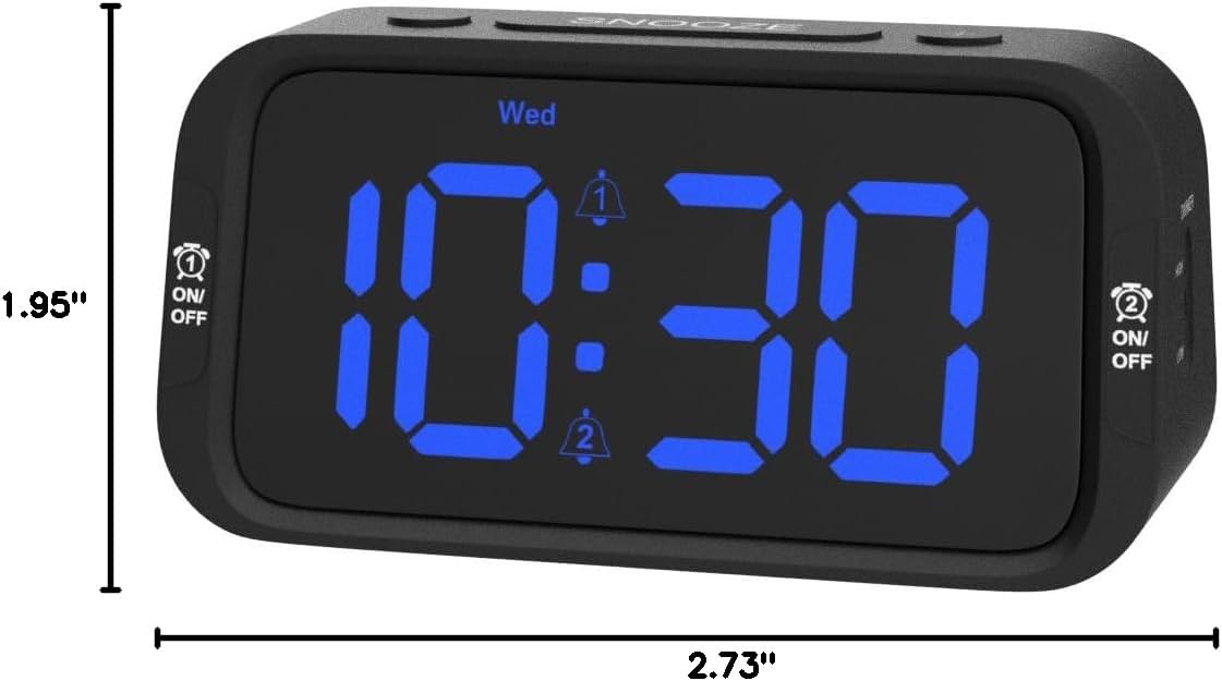 Odokee Digital Dual Alarm Clock for Bedroom, Easy to Set, 0-100% Dimmer, USB Charger, 5 Sounds Adjustable Volume, Weekday/Weekend Mode, Snooze, 12/24Hr, Battery Backup, Compact Clock for Bedside(Blue)