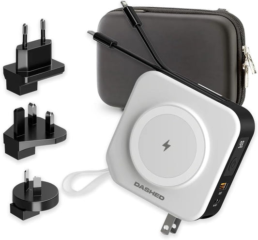 Travelpod 5-in-1 Portable Travel Charger Power Bank | 10,000mAh Power Bank with Global Adapters Included | Wireless Charging, Built-in Lightning & USB-C Charging Cable | Foldable AC Plug - PuriLite