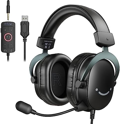 Fifine PC Gaming Headset with USB/3.5mm Jack for Laptop Computer, Over Ear Wired Headphones with 7.1 Surround Sound, Detachable Microphone, Volume Control, Noise Cancelling for PS5/Xbox/Switch-H9