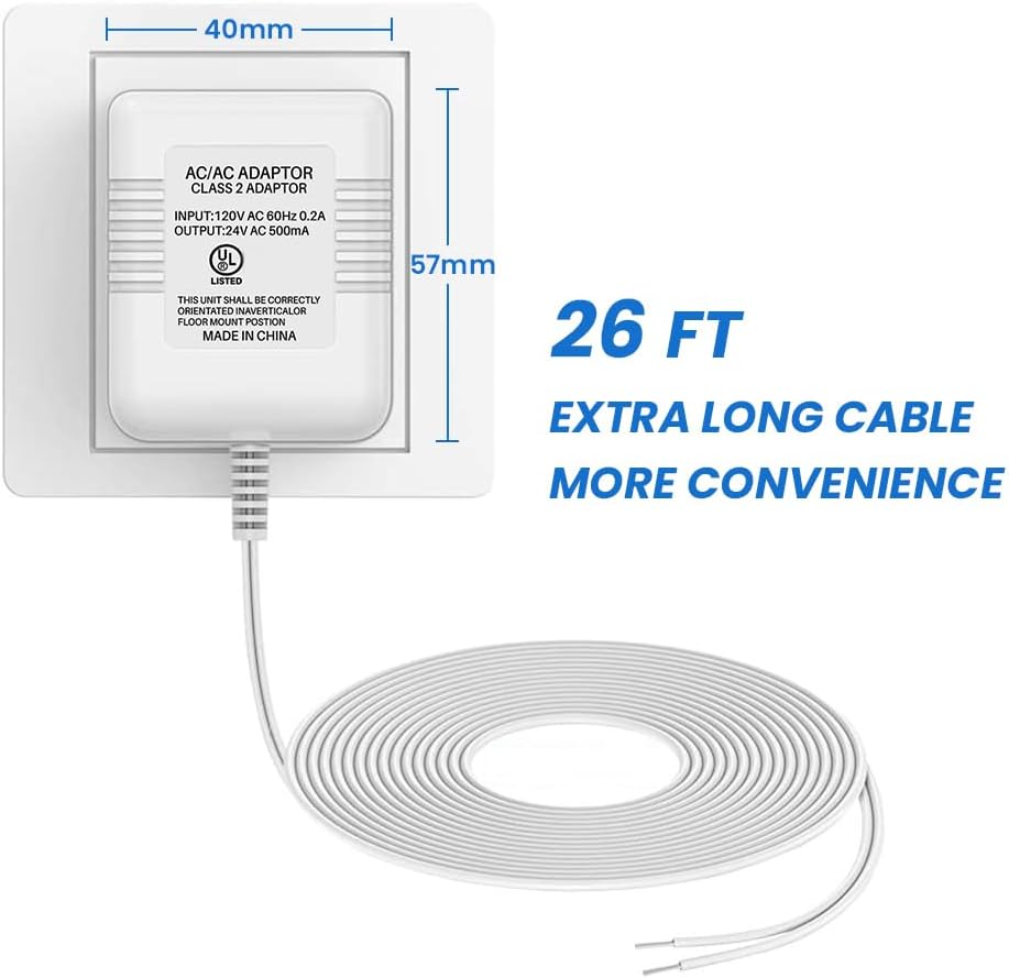 Xwartre Thermostat C Wire 24V Transformer, White Adapter Compatible with Honeywell, Nest, Emerson, Ecobee, Wyze Thermostat and Most Doorbells (7.9m Power Cable)