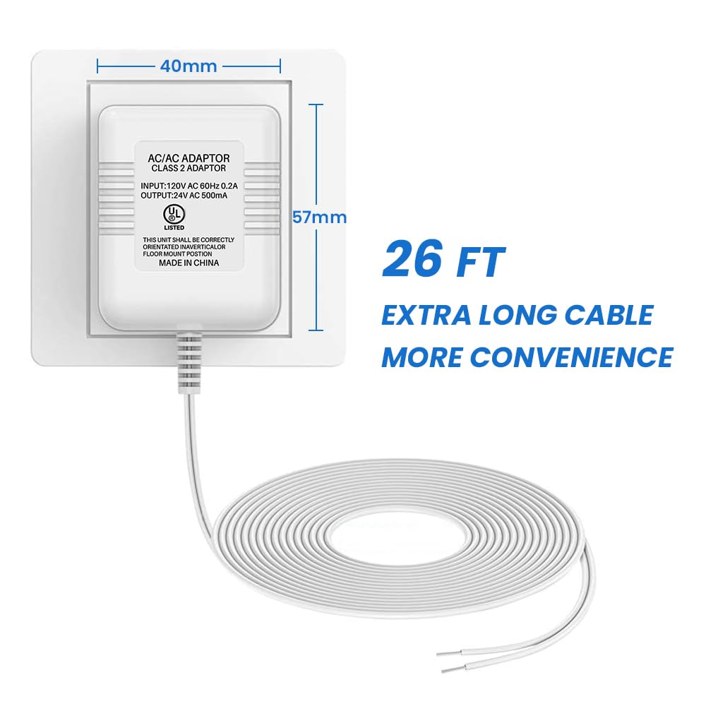 Xwartre Doorbell Transformer 24V Power Supply Compatible with Nest, Arlo, Ring, Amcrest, Logitech and Other Doorbells, Thermostats C Wire (7.9m Power Cable)