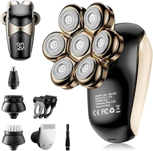 SHPAVVER Head Shavers for Bald Men: 5-in-1 Detachable Electric Bald Razor-IPX7 Waterproof Wet/Dry Shaving-Rechargeable 7D Rotary Shaver Grooming Kit-LED Display & Type-C Charge