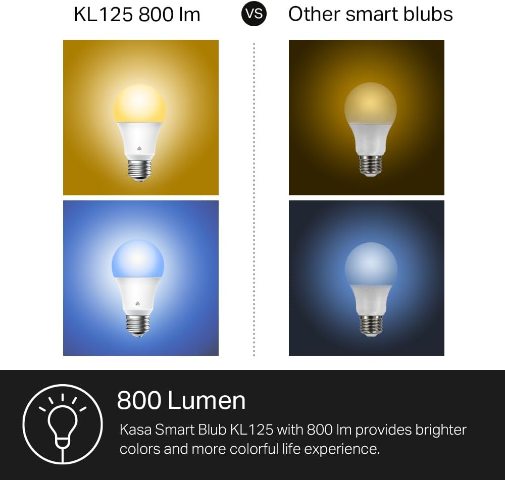 Kasa Smart Light Bulbs, Full Colour Changing Dimmable Smart WiFi Bulbs Compatible with Alexa and Google Home, A19, 9W 800 Lumens,2.4Ghz only, No Hub Required, 2-Pack (KL125P2), Multicolour