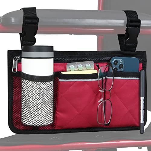 Wheelchair Side Bag, Wheelchair Armrest Storage Pouch with Cup Holder and Reflective Strip for Wheelchairs, Walkers or Rollators (Black)
