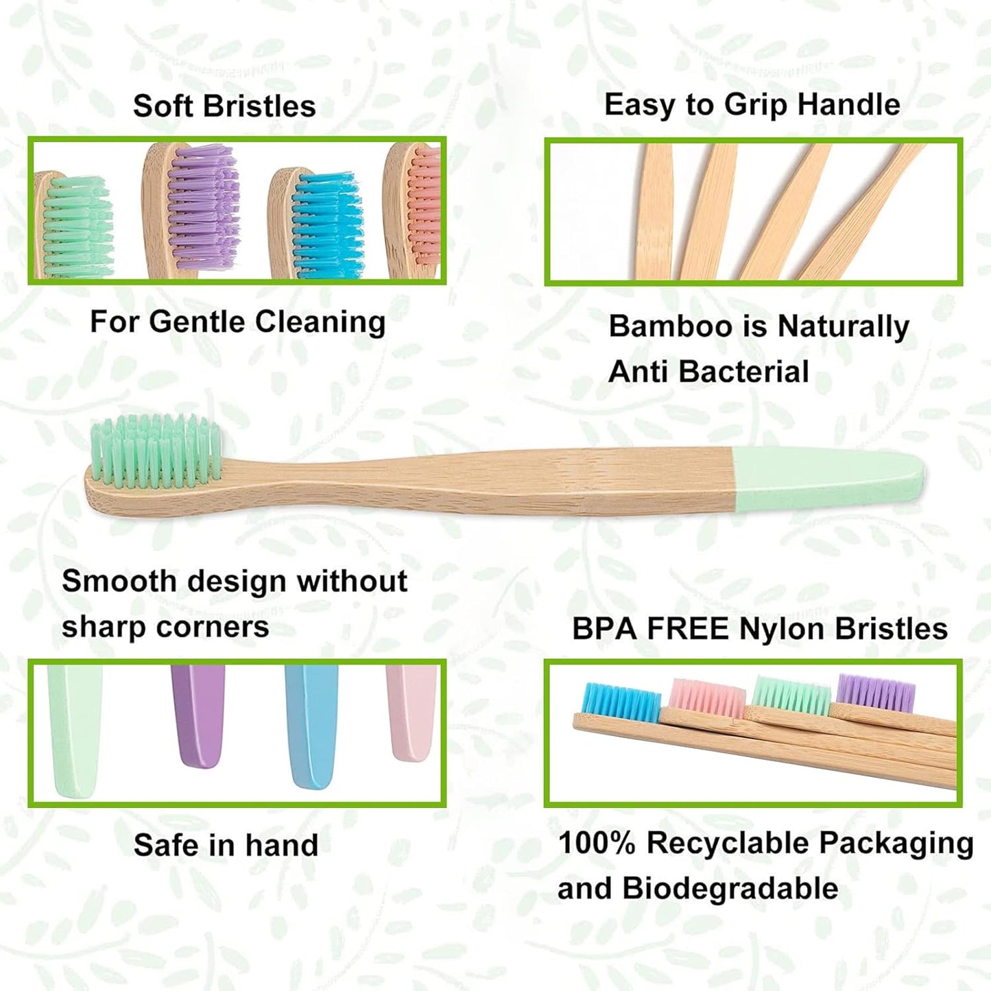 Bamboo Toothbrush, Charcoal Tooth Brush, Natural Wooden Toothbrushes, Soft Bristles Toothbrushes for Kids (Mixed Colors)10 Pcs