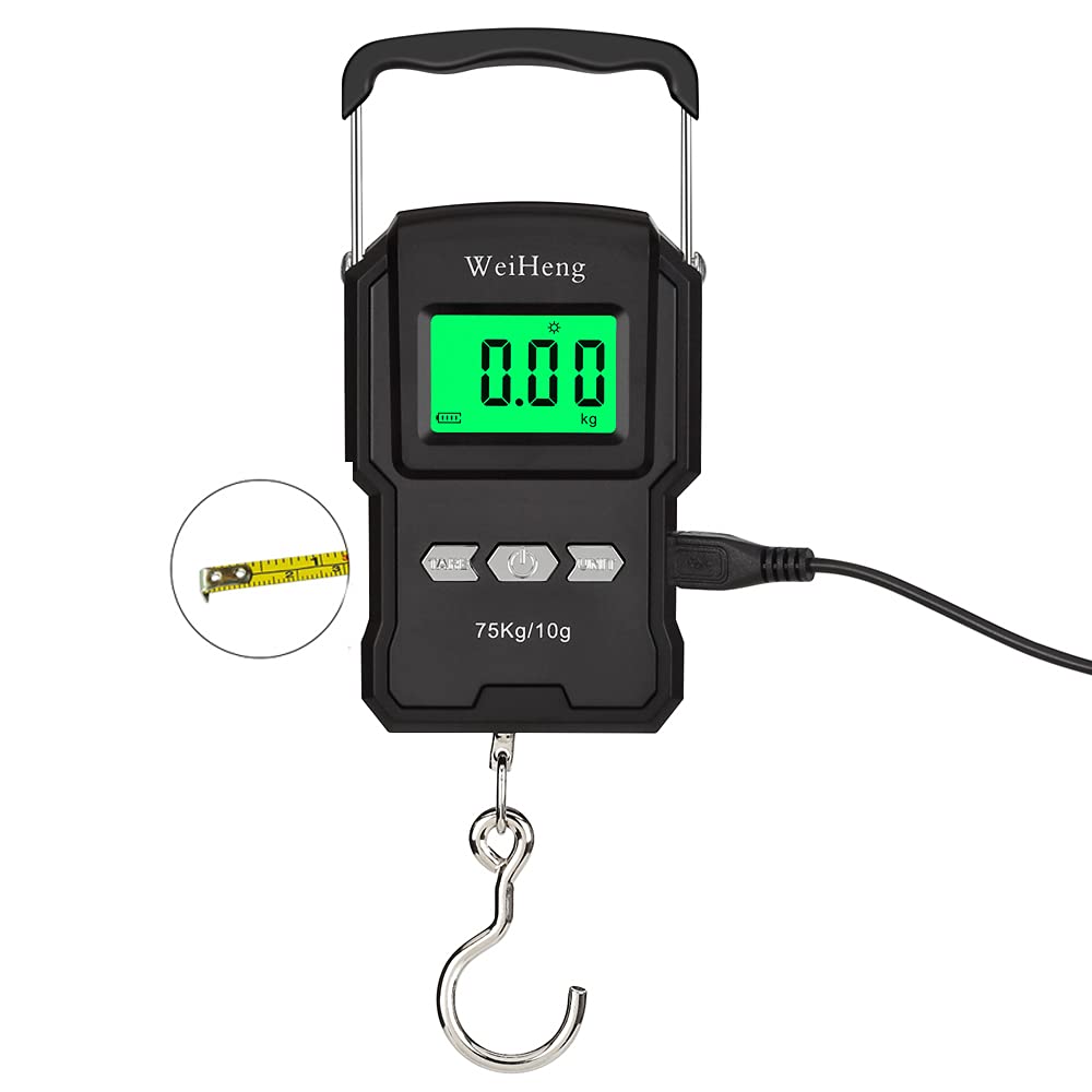 YYGJ Rechargeable Lugagge Scale Portable Electronic Hook Scale Digital Hanging Bag Luggage Weight Scale Fishing Scale with Measuring Tape 165Lb Black