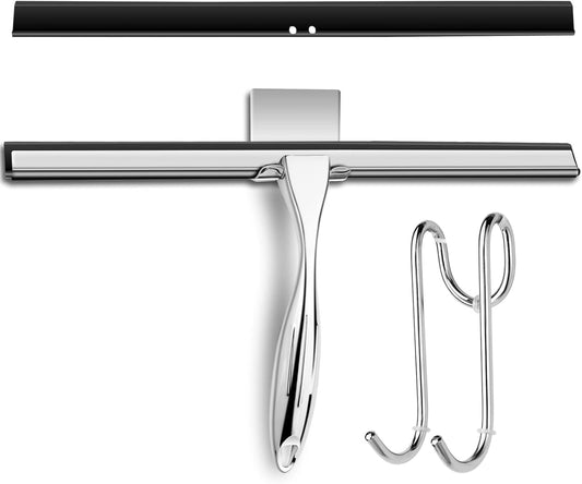 14 Inch Shower Squeegee Stainless Steel with Shower Door Hook and Adhesive Hook Glass Squeegee Bathroom for Doors, Bathroom, Windows, Kitchen, Mirror with Spare Silicone Blade 2 Hooks