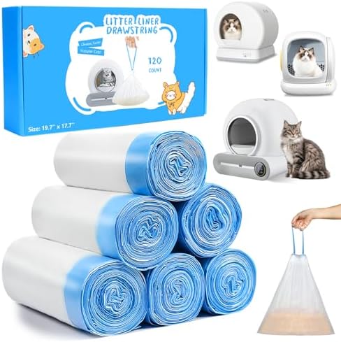 JYNSROU 120 Count Cat Litter Box Liners Bags for MeoWant MW-SC01 / MW-SC02, Extra-Thick Cat Waste Bags for Self-Cleaning Litter Box, Drawstring Self Cleaning Trash Bags -17.7" x 19.68"