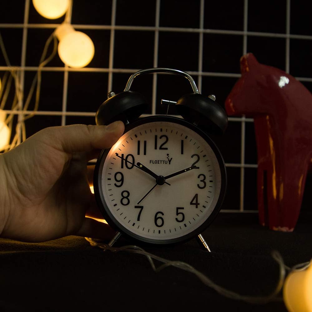 FLOITTUY (Loud Alarm for Deep Sleepers) 4'' Twin Bell Alarm Clock with Backlight for Bedroom and Home Decoration(Black)